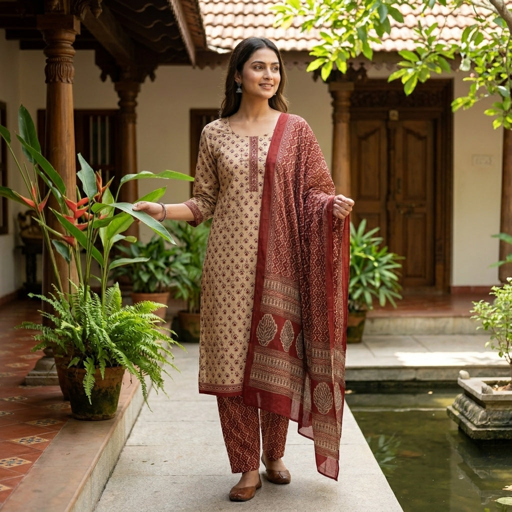 Sandal And Maroon Premium Cotton Dupatta Set