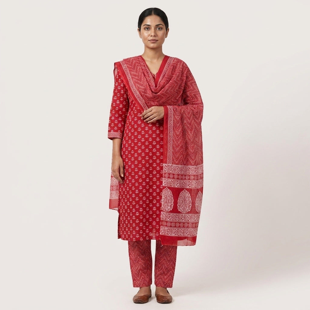 Red Premium Cotton Dupatta Set