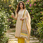Kota Doria Dupatta Yellow Flower Cotton Set