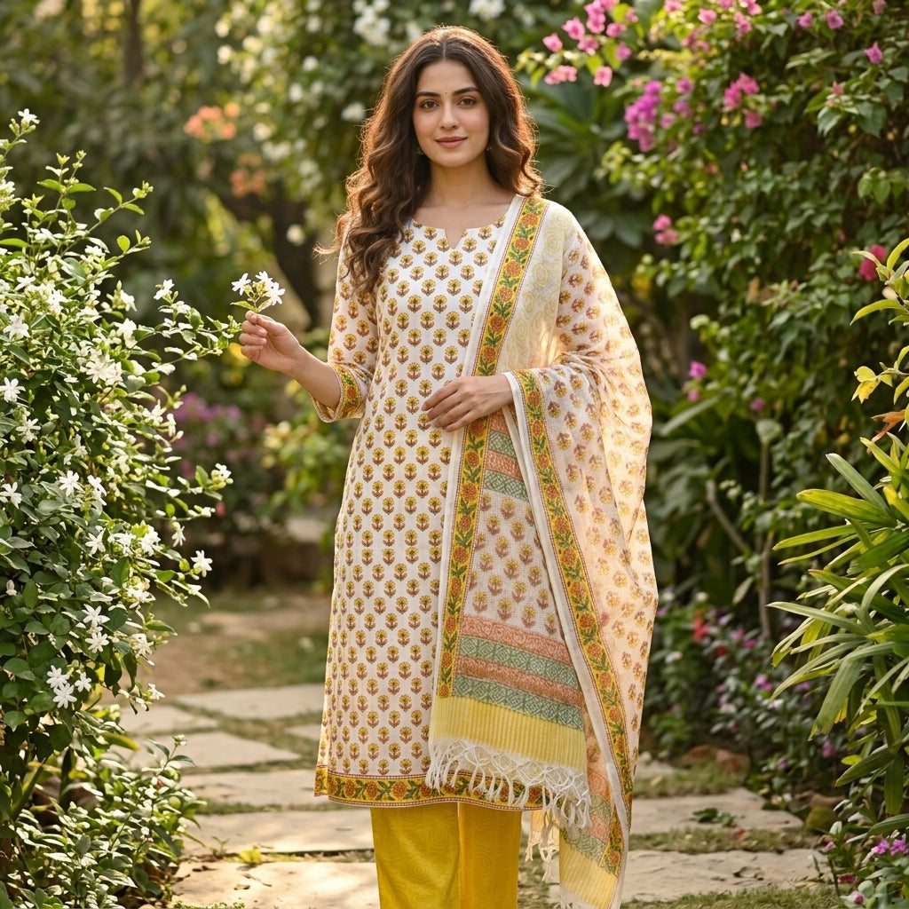 Kota Doria Dupatta Yellow Flower Cotton Set