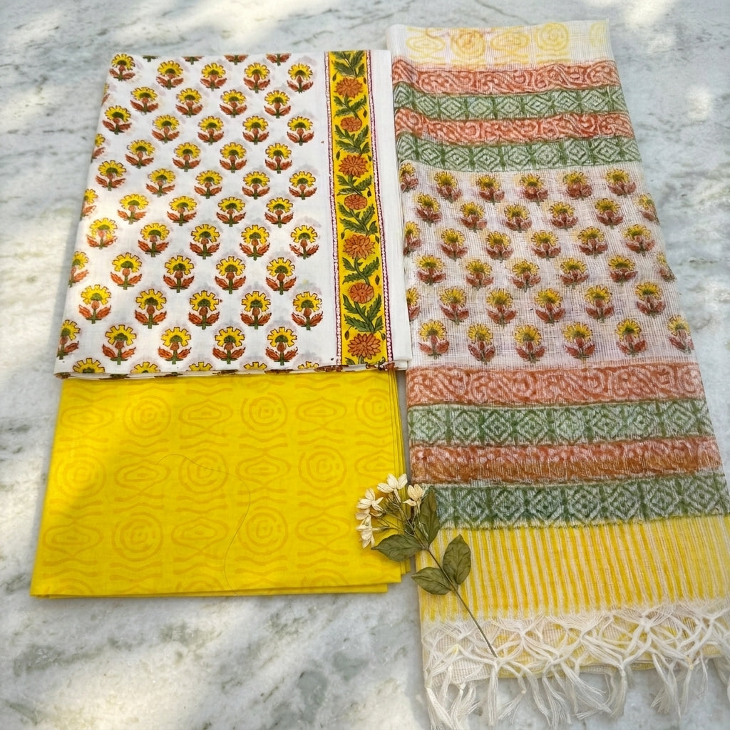 Kota Doria Dupatta Yellow Flower Cotton Set