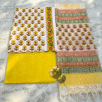 Kota Doria Dupatta Yellow Flower Cotton Set