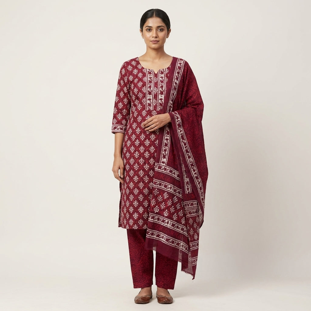 Maroon Cotton Set Napthol Print with Dupatta