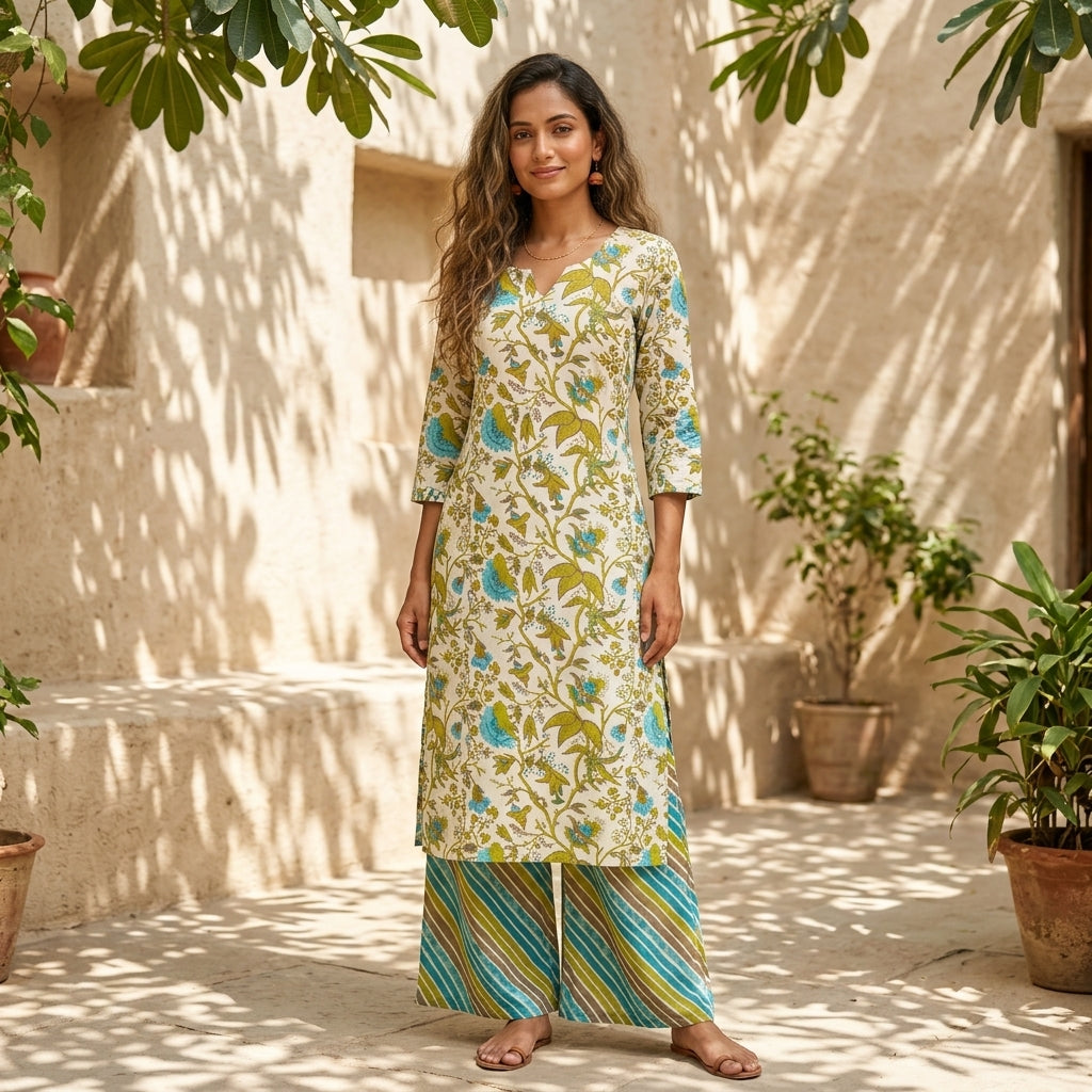 Cream Floral Colorful Cotton Cord Set
