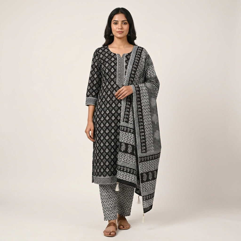Black Premium Cotton Set with Neck pattern