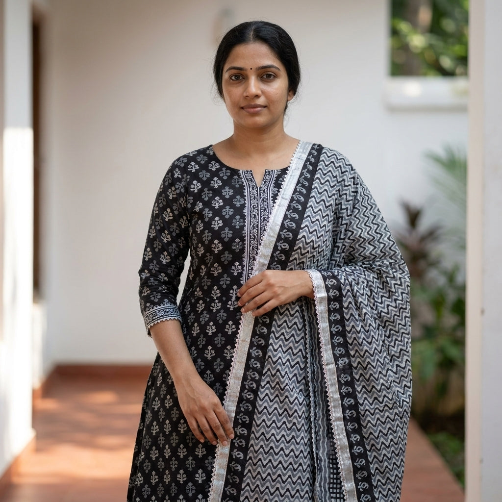 Black Premium Cotton Set with Neck pattern