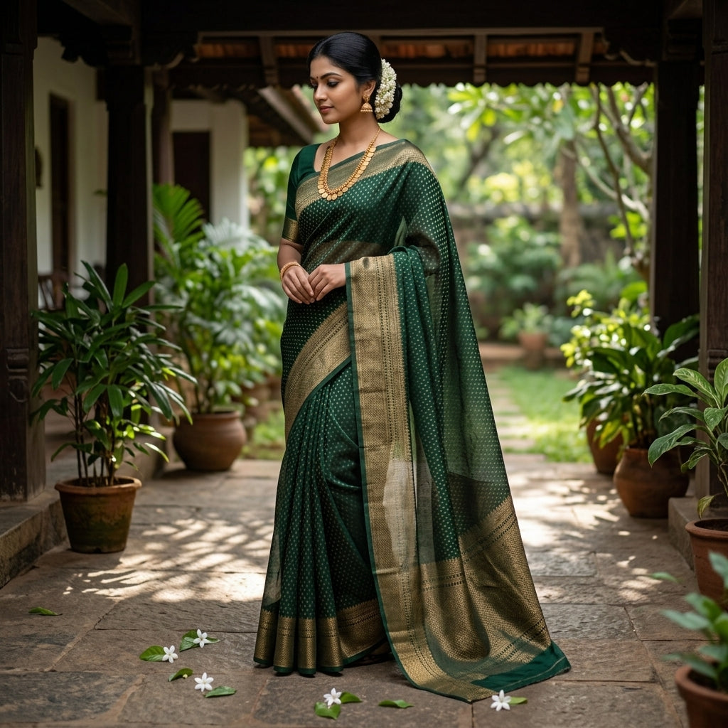 Dark Green Semi Silk Saree