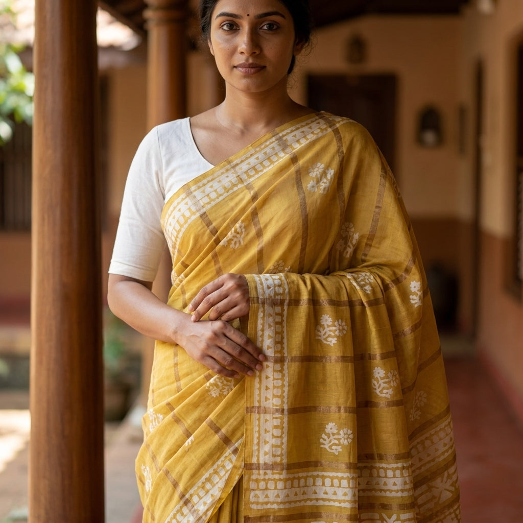 Elegant Yellow Cotton Silk Saree