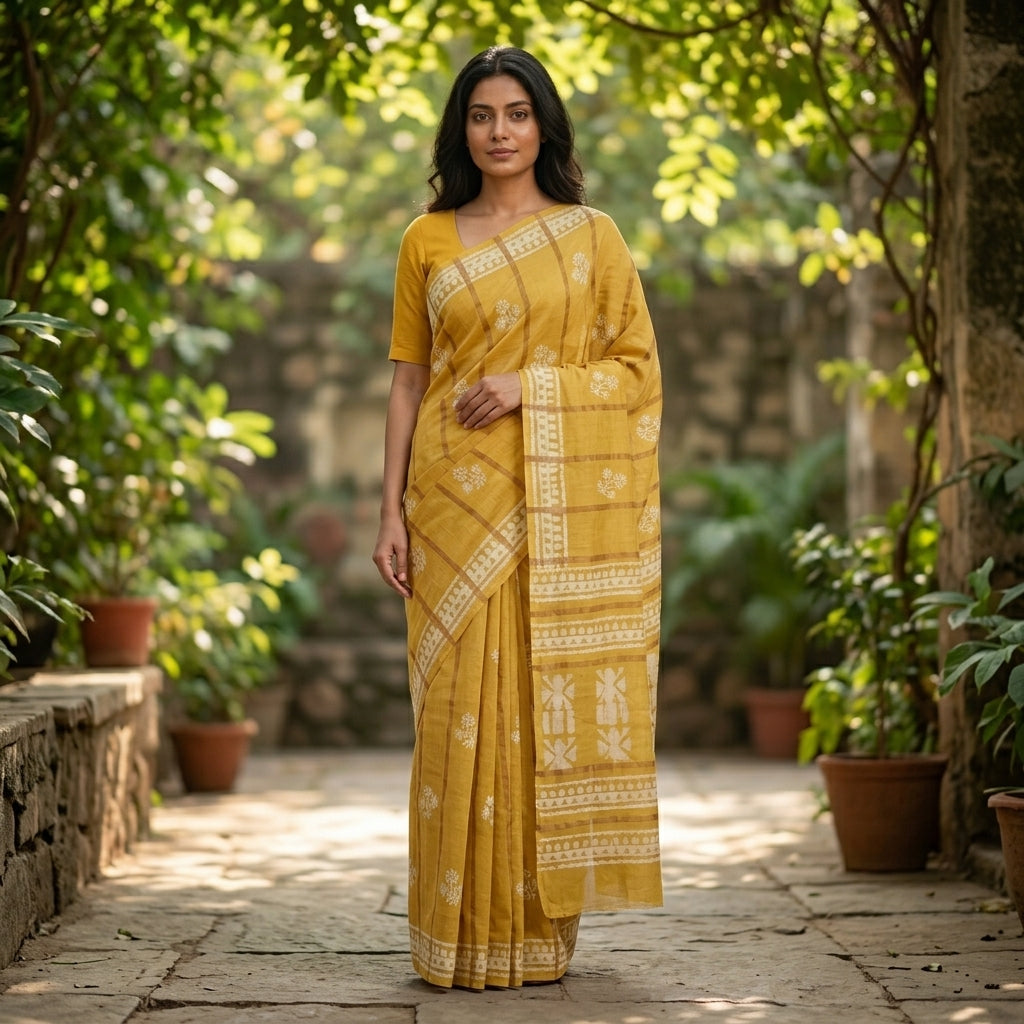 Elegant Yellow Cotton Silk Saree