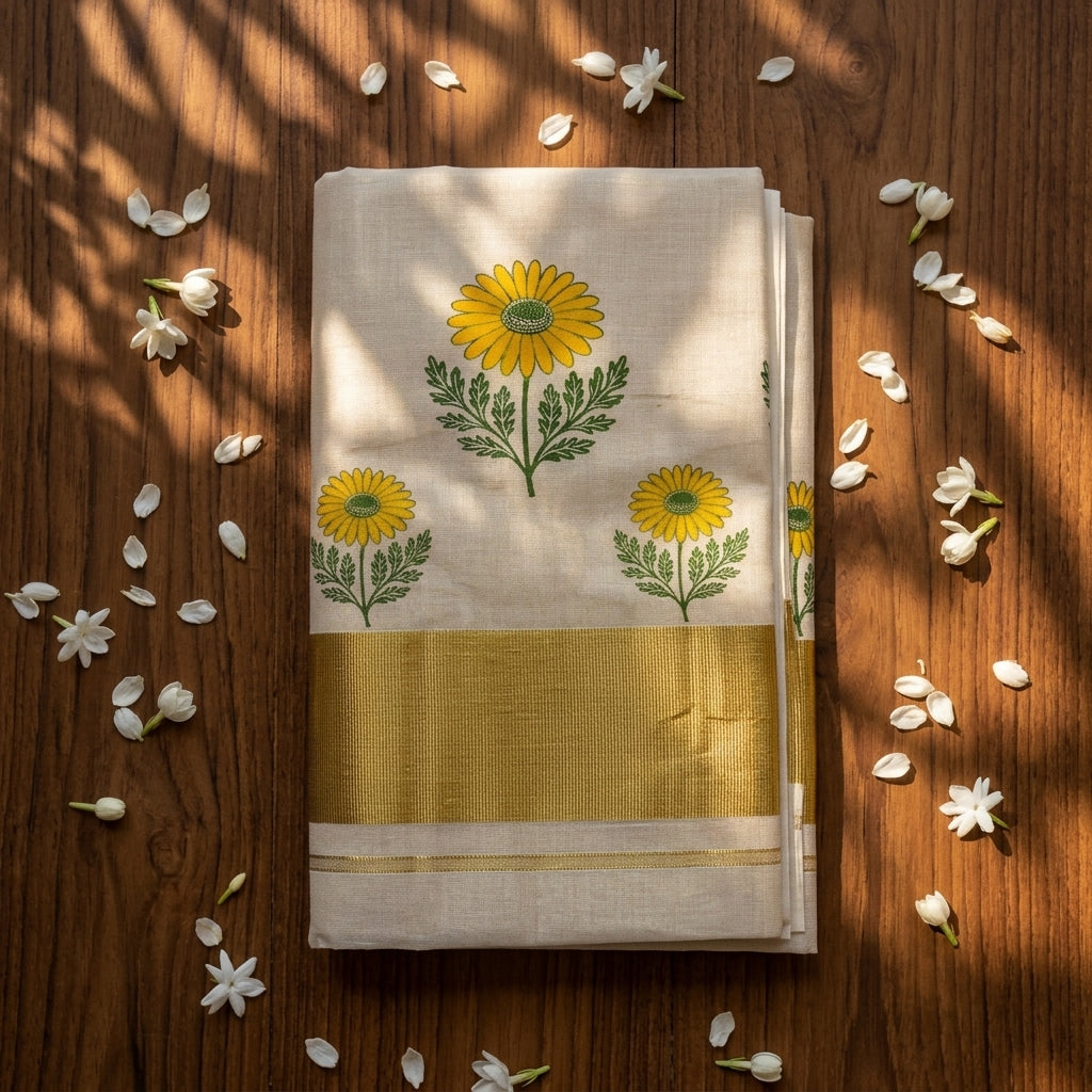 Yellow Floral Cotton Tissue Kasavu Saree
