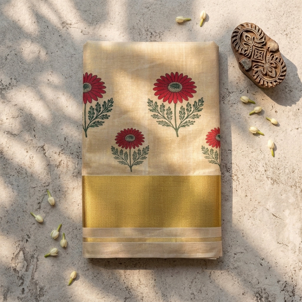 Red Floral Cotton Tissue Kasavu Saree