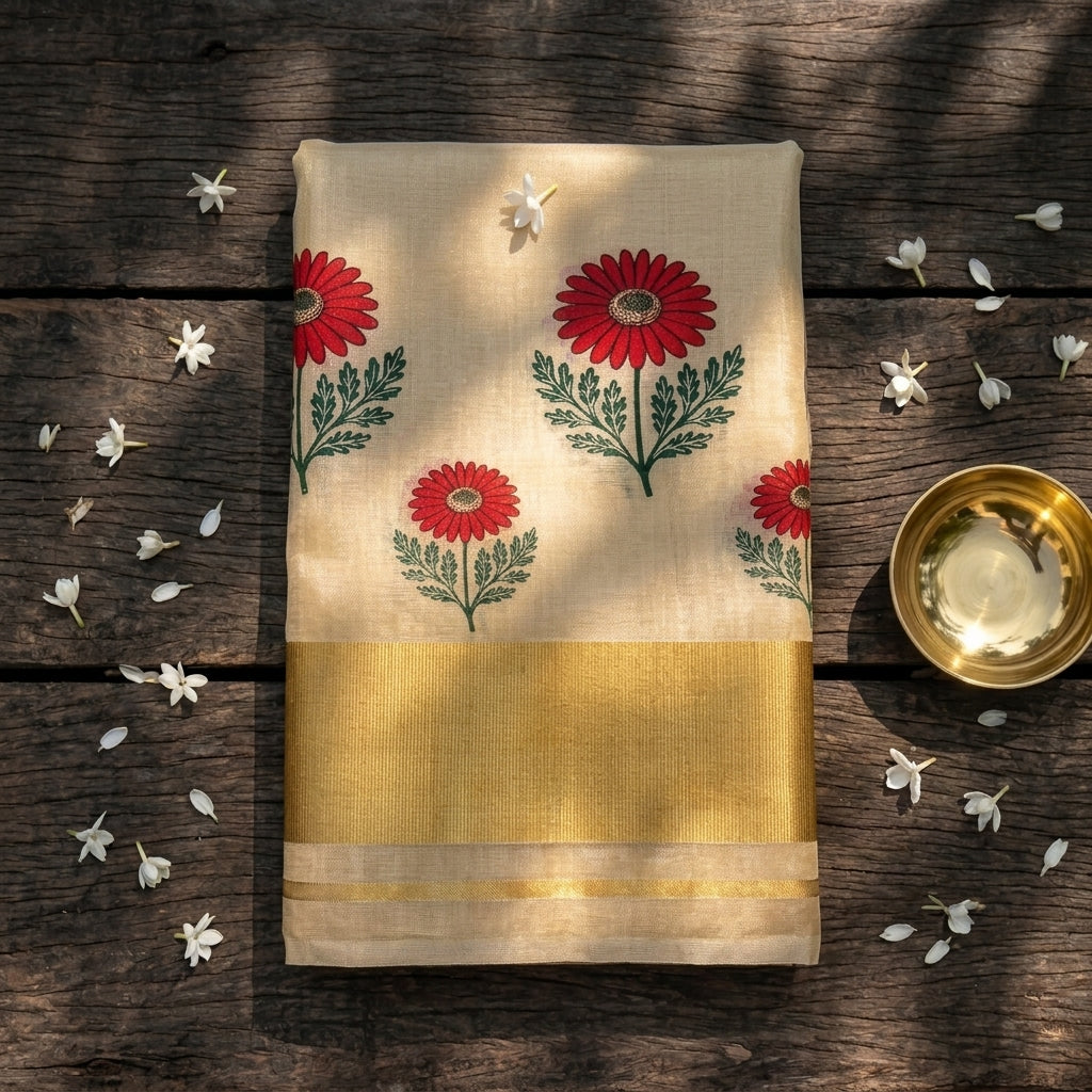 Red Floral Cotton Tissue Kasavu Saree