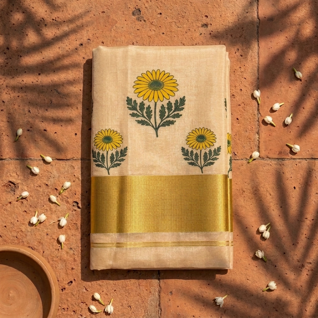 Yellow Floral Cotton Tissue Kasavu Saree