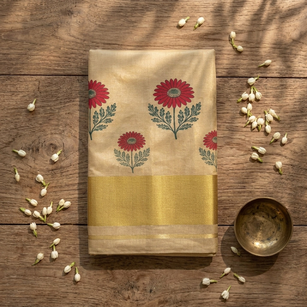 Red Floral Cotton Tissue Kasavu Saree
