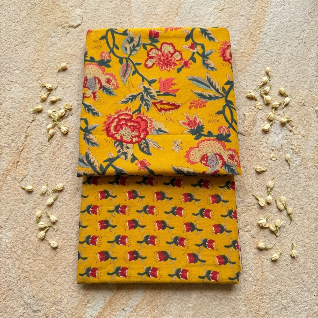 Mango Yellow Floral Cotton Cord Set Material