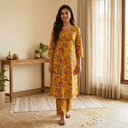 Mango Yellow Floral Cotton Cord Set Material