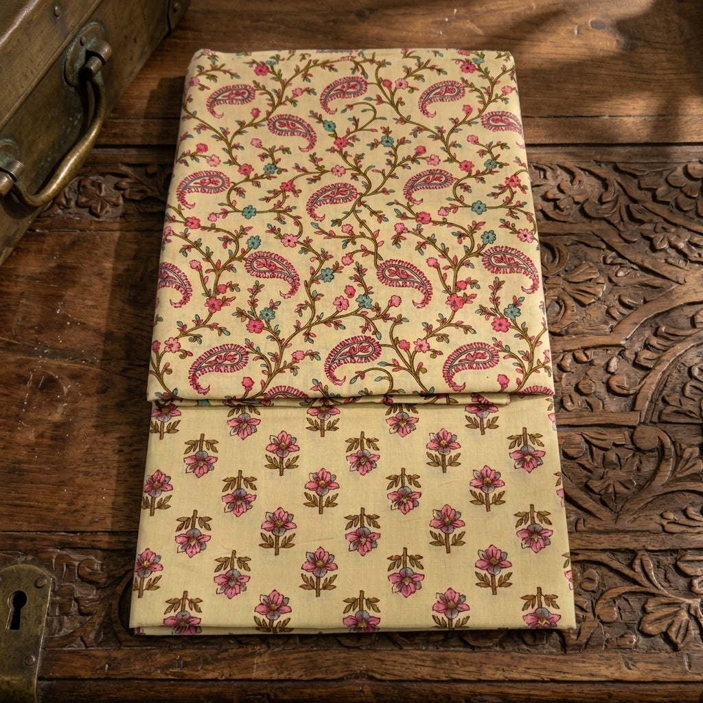 Beige Elegant Floral Cotton Cord Set Material