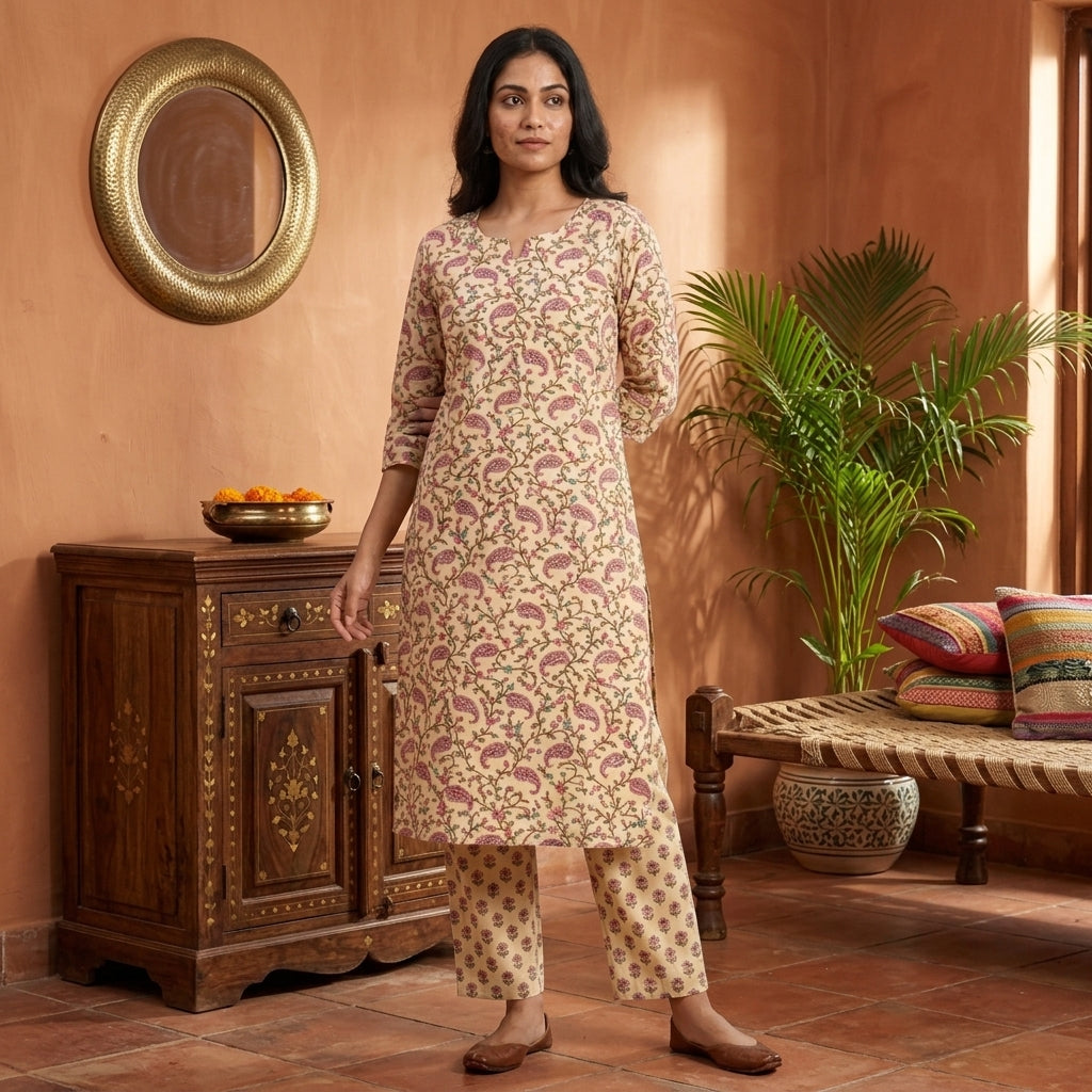 Beige Elegant Floral Cotton Cord Set Material