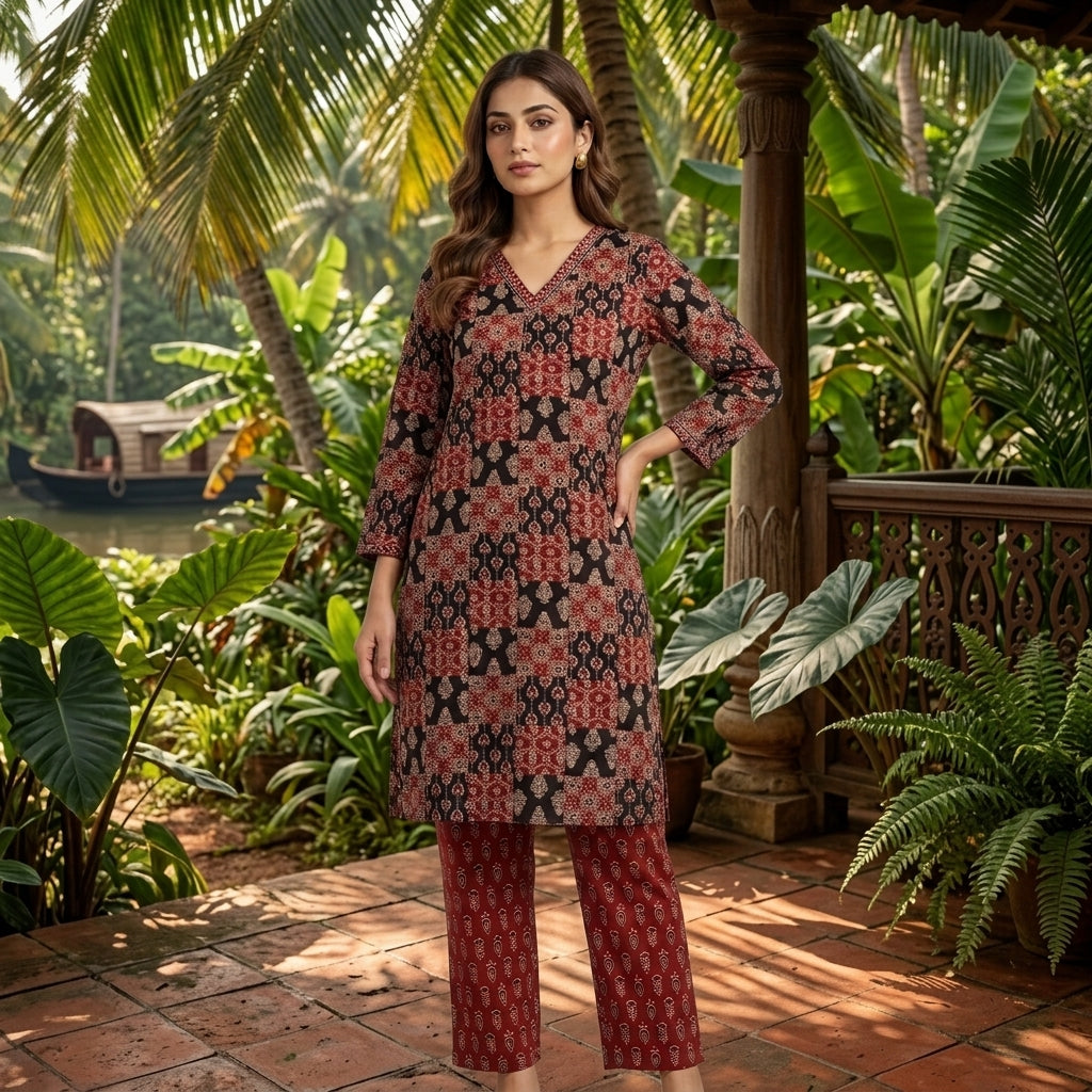 Ajrakh Printed Red and Black Cotton Cord Set Material