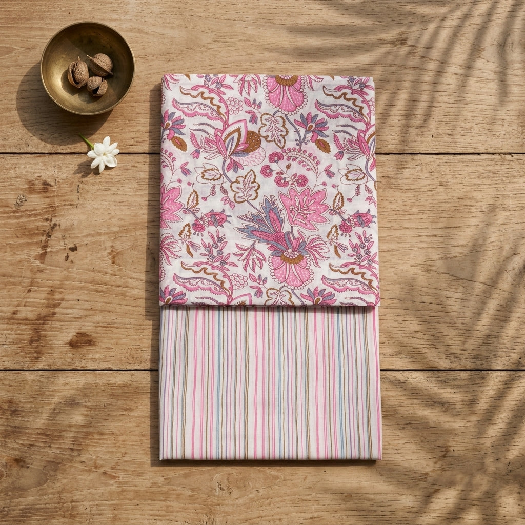 Floral Elegant pink Cotton Cord Set Material