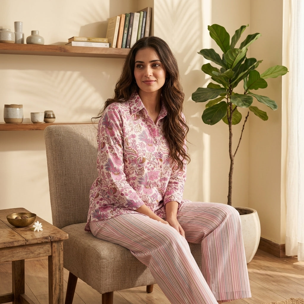 Floral Elegant pink Cotton Cord Set Material
