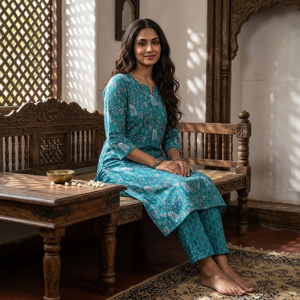 Blue Kantha Work Cotton Cord Set