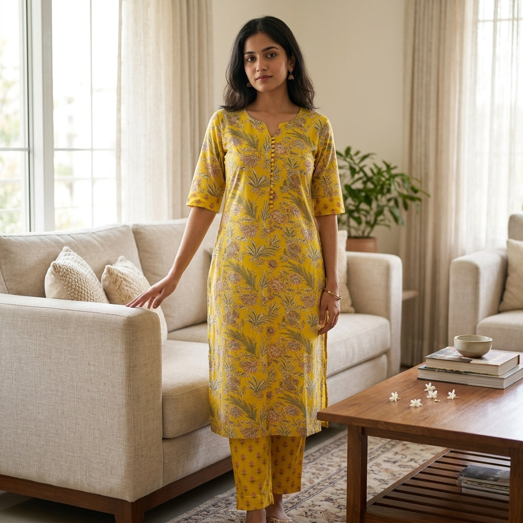 Yellow Floral Cotton Cord Set Material