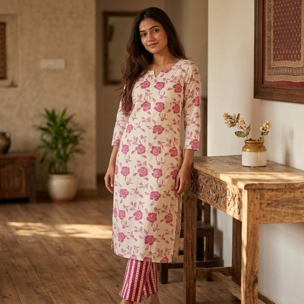 Pink and White Floral Cord Set Material