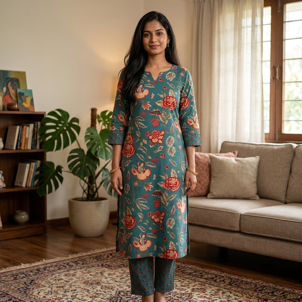 Teal Blue Floral Cotton Cord Set