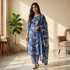 Navy Blue Cotton Dupatta Set