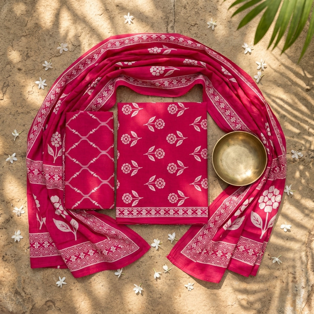 Dark Pink Cotton Dupatta Set