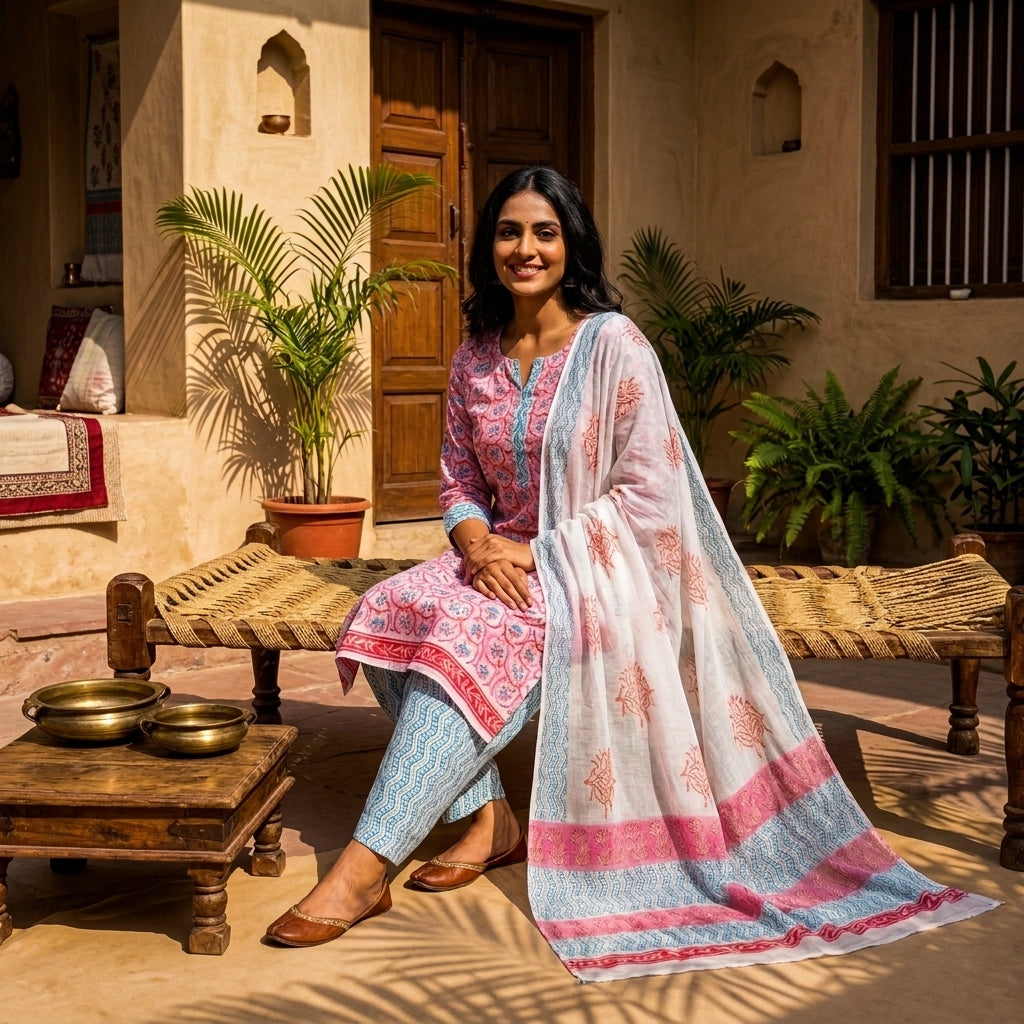 Pink Chiffon Dupatta Cotton Set