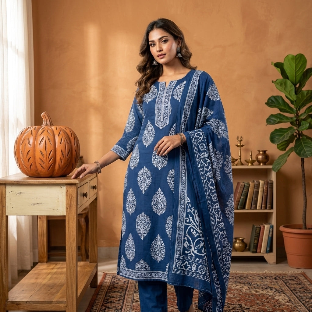 Elegant Navy Blue Cotton Dupatta Set
