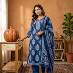 Elegant Navy Blue Cotton Dupatta Set