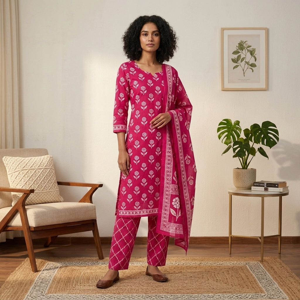 Dark Pink Cotton Dupatta Set