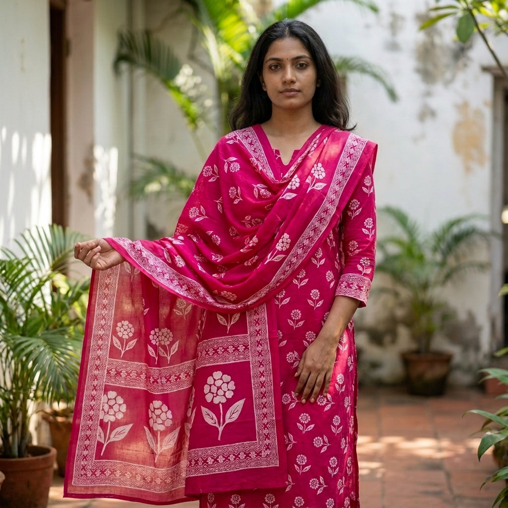 Dark Pink Cotton Dupatta Set
