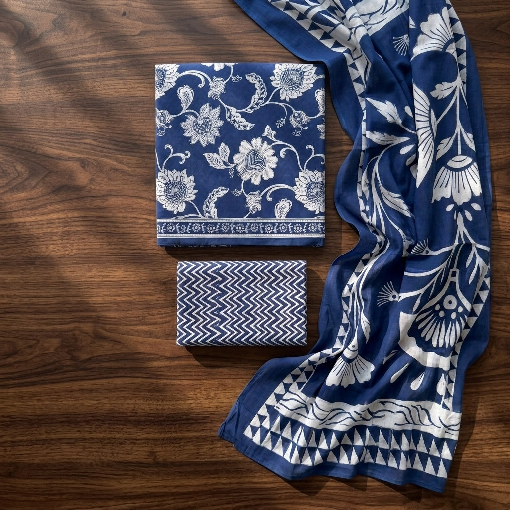 Navy Blue Cotton Dupatta Set