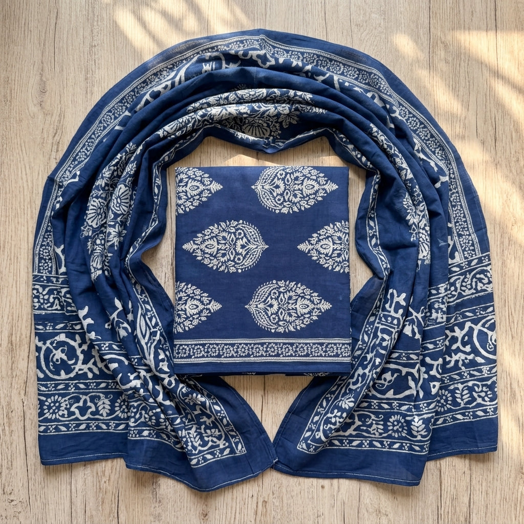 Elegant Navy Blue Cotton Dupatta Set