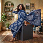 Elegant Navy Blue Cotton Dupatta Set