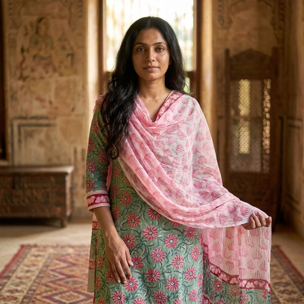 Green and Pink Chiffon Dupatta Cotton Set