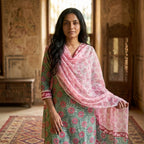 Green and Pink Chiffon Dupatta Cotton Set