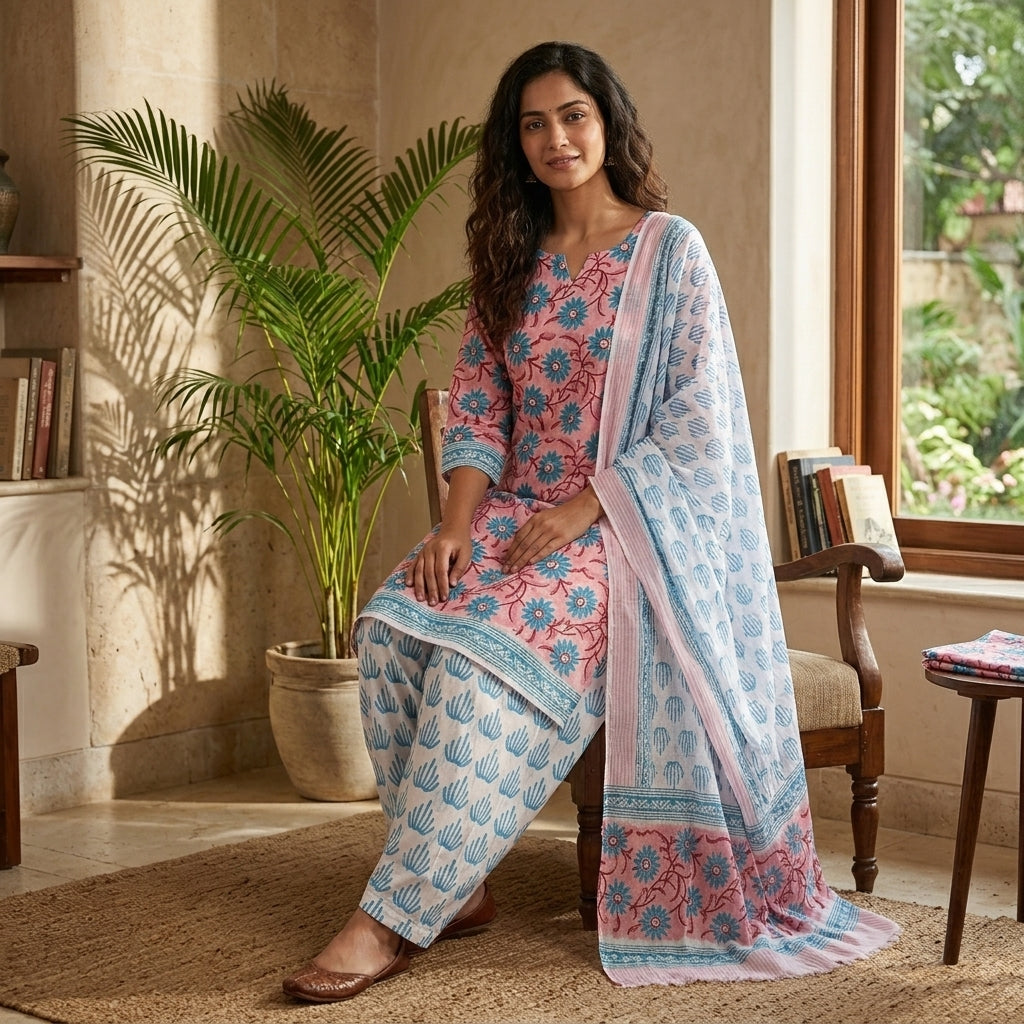 Peach and Blue Chiffon Dupatta Cotton Set