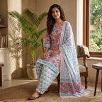 Peach and Blue Chiffon Dupatta Cotton Set