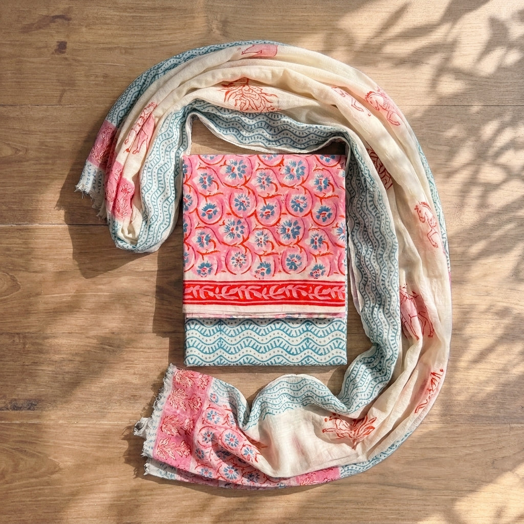 Pink Chiffon Dupatta Cotton Set