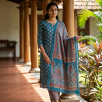 Teal Blue Cotton Dupatta Set