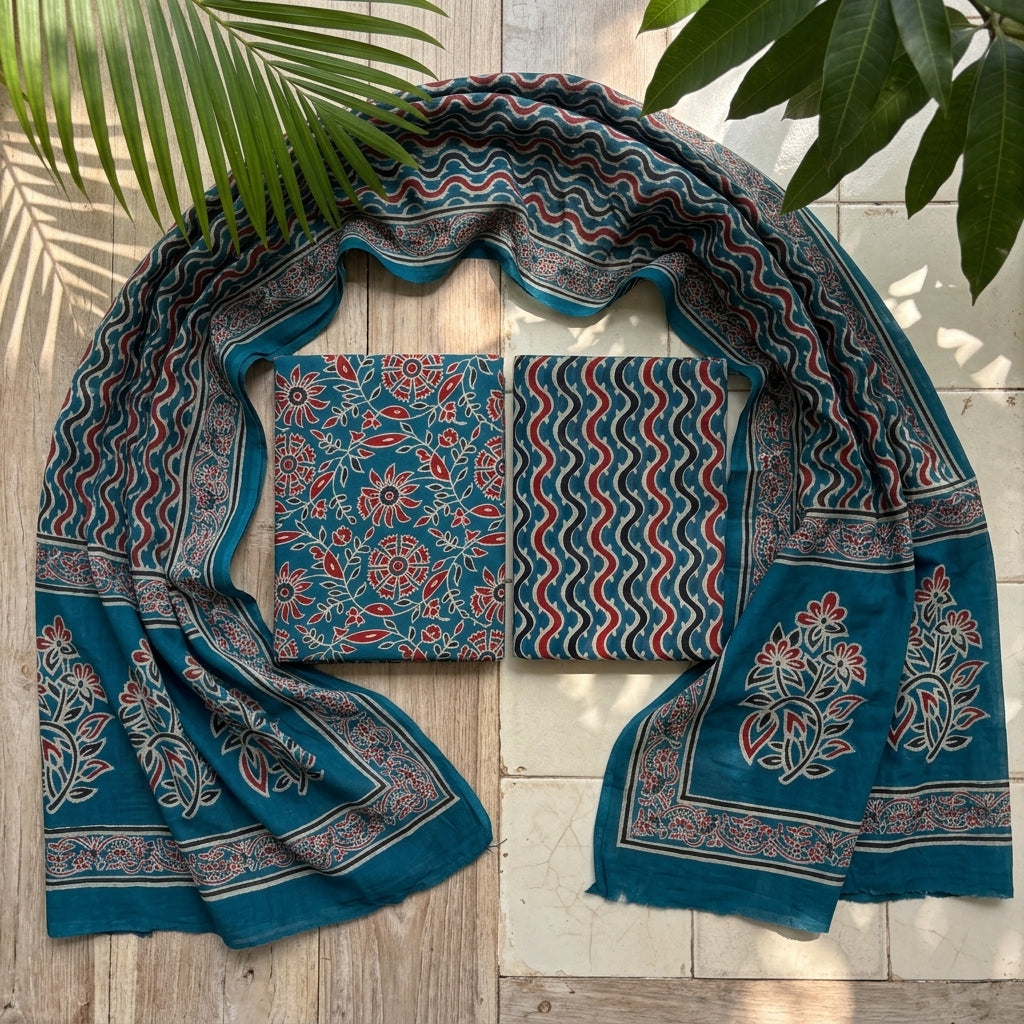 Deep Teal Blue Cotton Dupatta Set