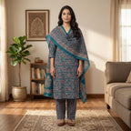 Deep Teal Blue Cotton Dupatta Set