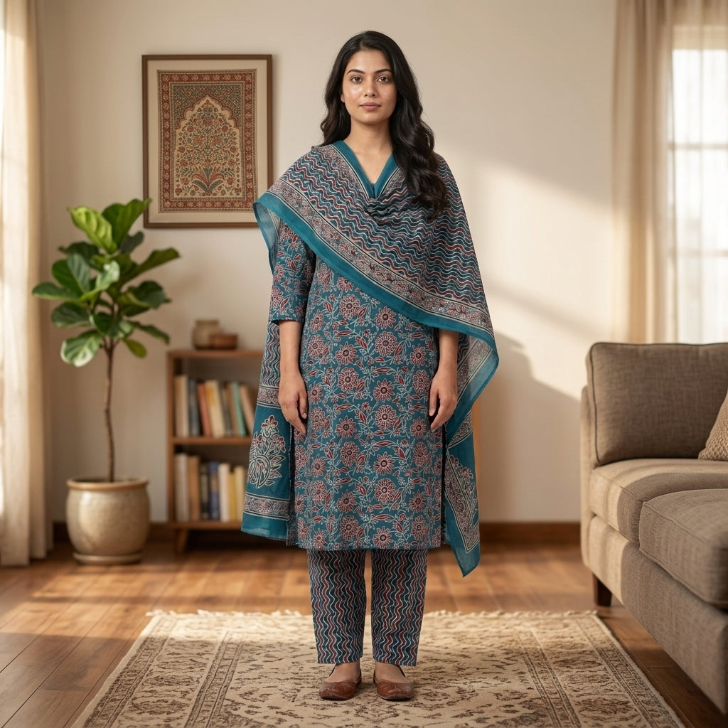 Deep Teal Blue Cotton Dupatta Set