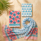 Peach and Blue Chiffon Dupatta Cotton Set