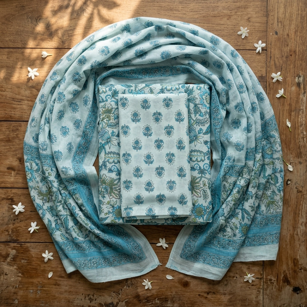 Light Blue Cotton Dupatta Set